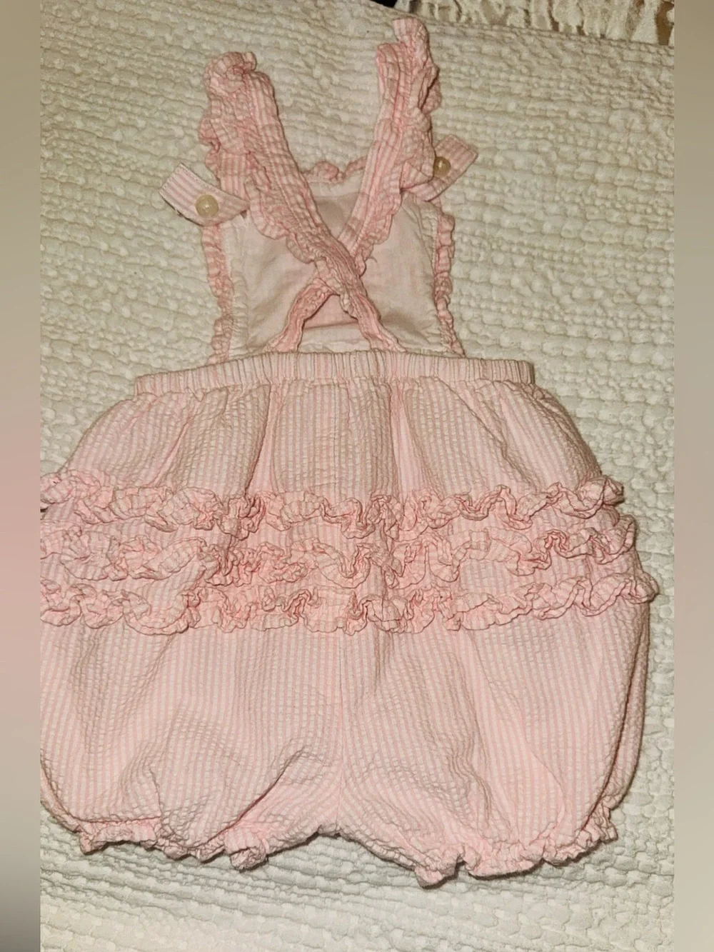 Pristine Janie & Jack Pink Ruffle Seersucker Baby Bubble Romper size 3-6 months